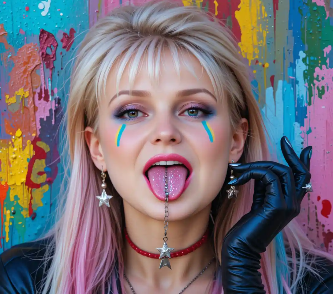Una chica con pintura facial de arcoíris y un piercing de estrella en la lengua
