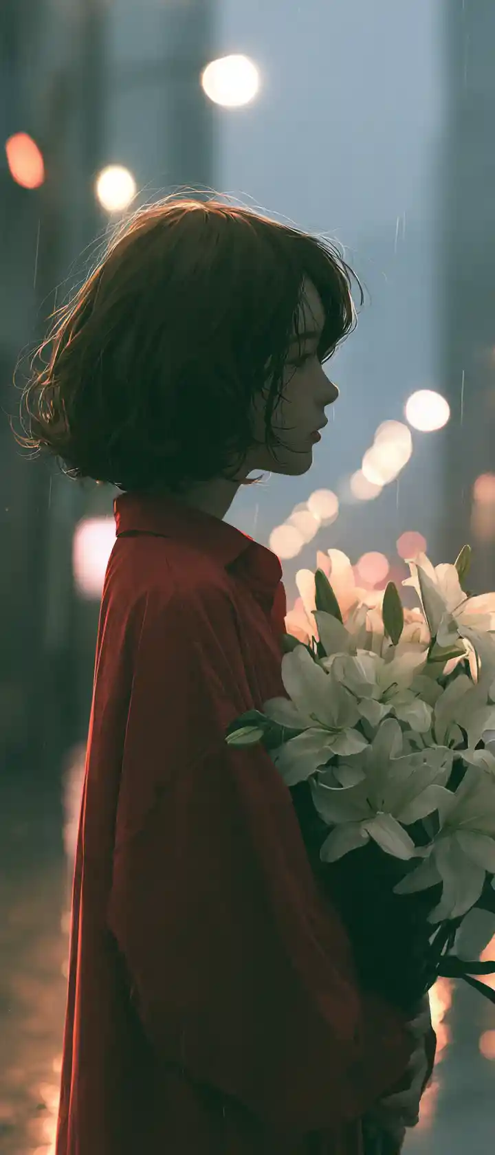 An anime girl holds white lilies on a rainy city street