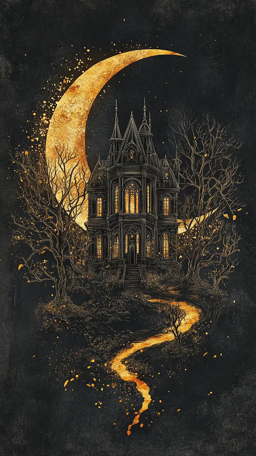 A filigreed crescent moon encloses a glowing victorian manor