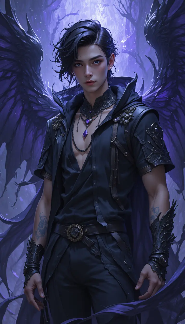 A shadow sorcerer with violet-tipped wings and dark tattoos