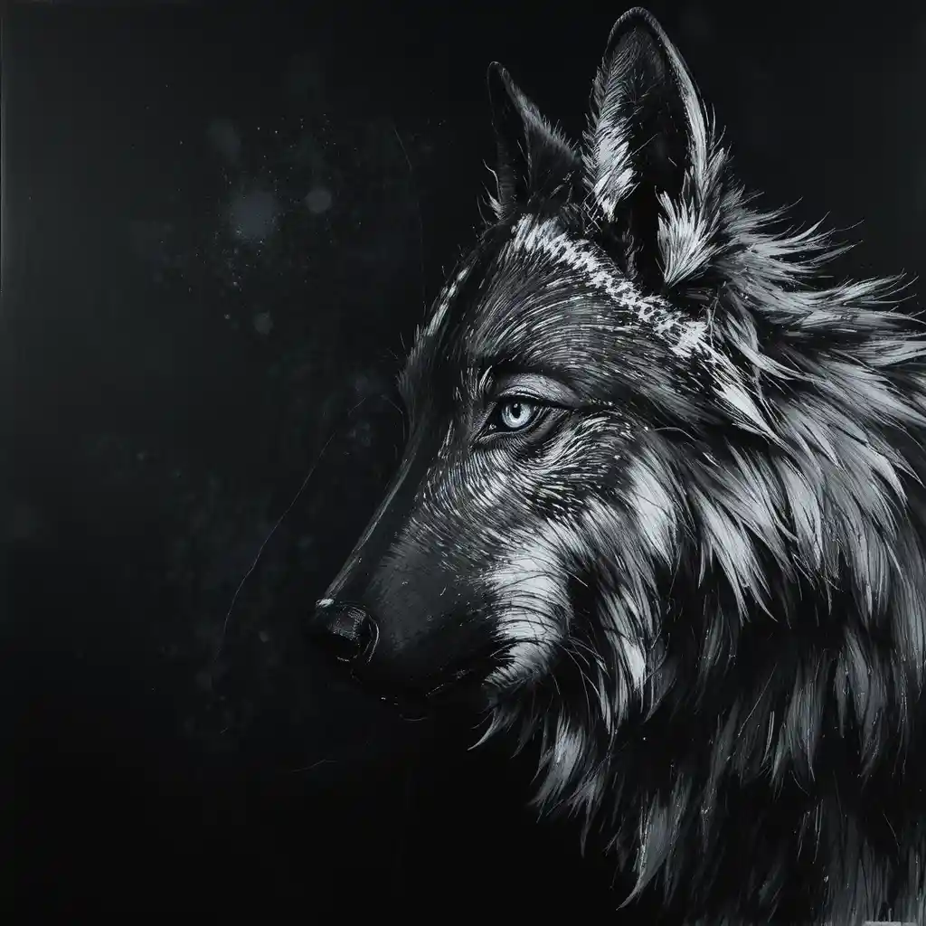 A wolf portrait in chalk emerges from deep shadow