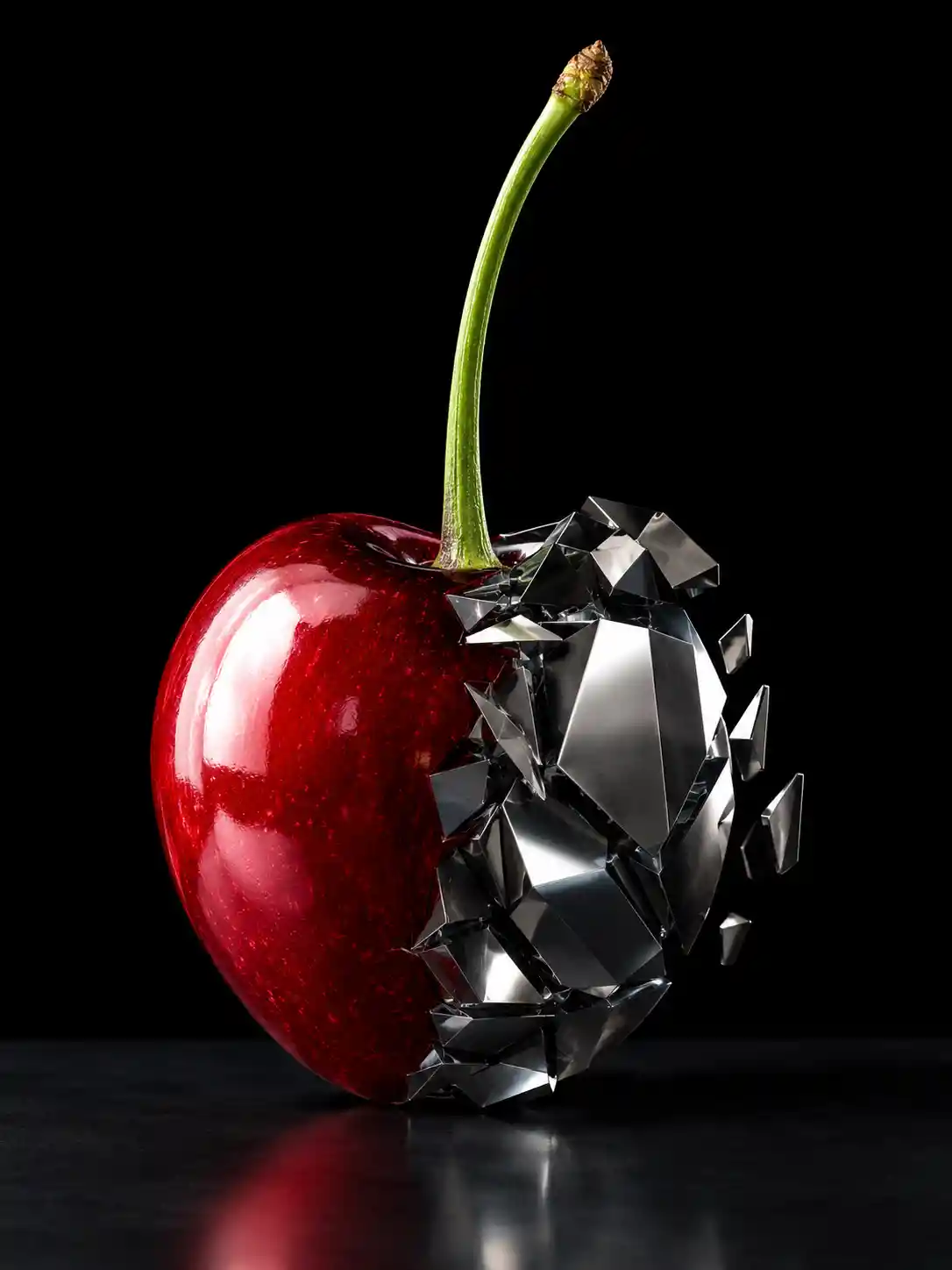A glossy cherry forms from metal shards against a black background