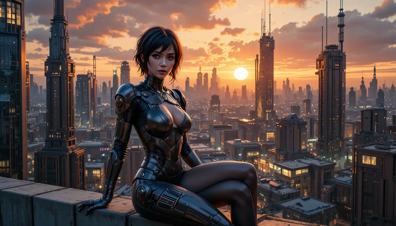 Una donna cibernetica seduta sopra una città futuristica al tramonto