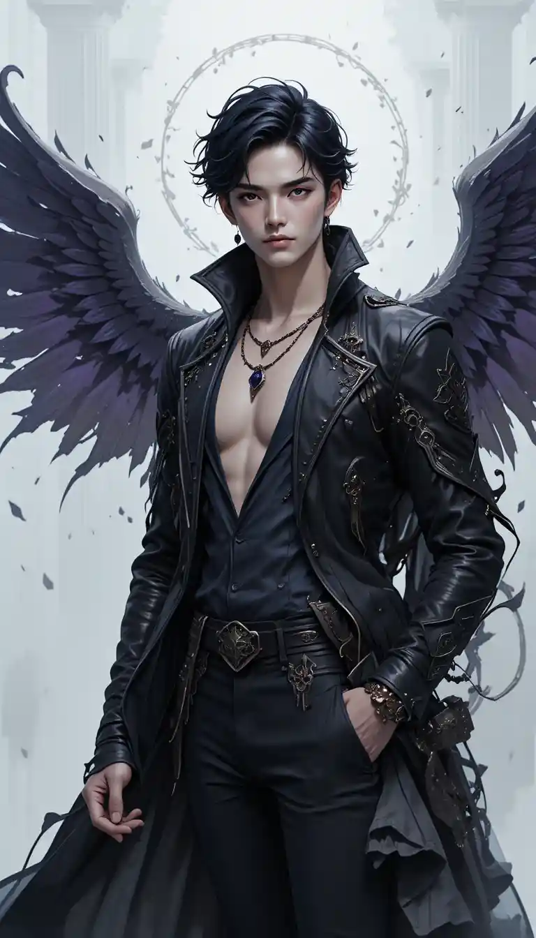 A Young Anime Man with Dark Wings and Crimson Eyes