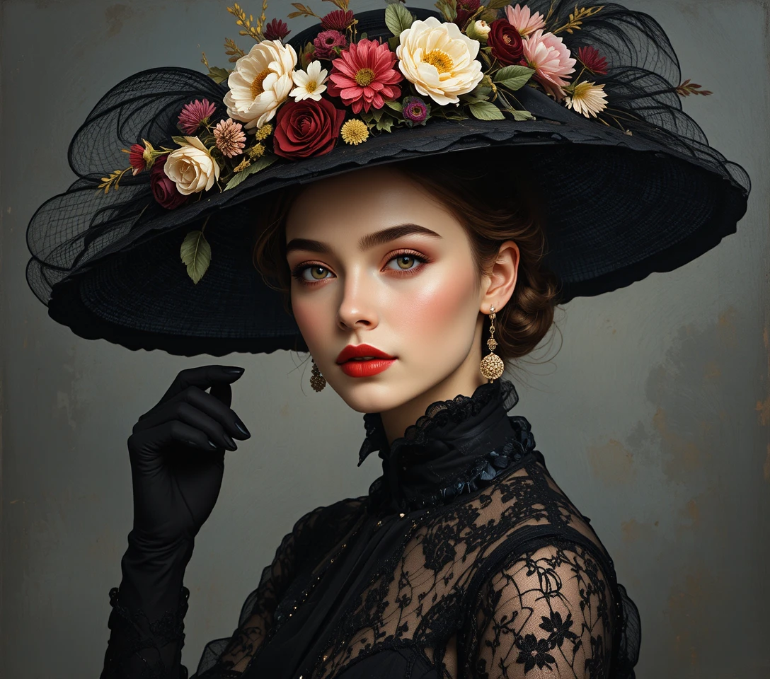 Mujer elegante con sombrero negro adornado con flores y vestido de encaje