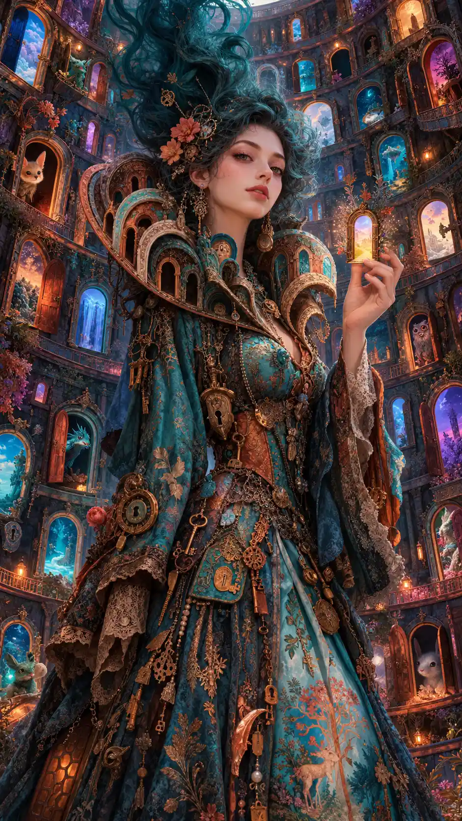 A fantasy woman holds a glowing door in a circular chamber