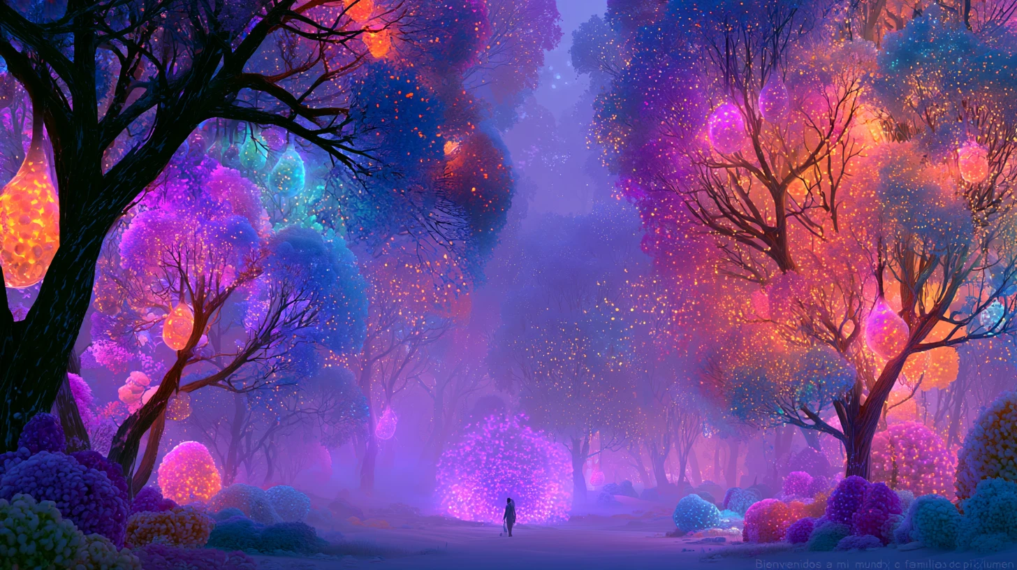 Una figura solitaria vaga tra alberi da frutto al neon sotto un cielo velato dalla nebbia