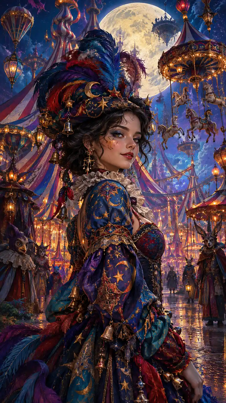 An elegant woman stands before a surreal midnight carnival