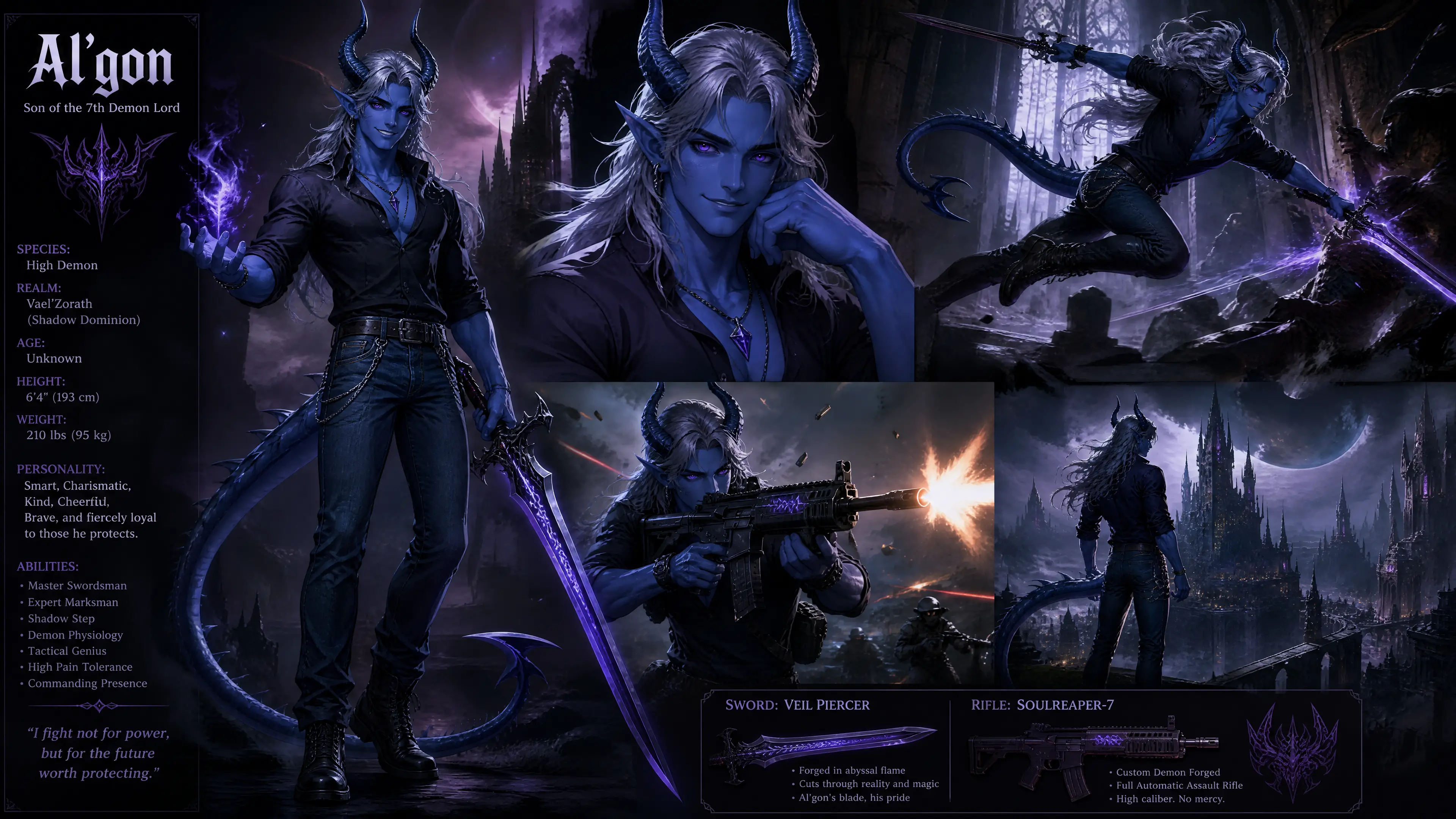 A blue demon with curved horns, gray hair, and a spiked tail