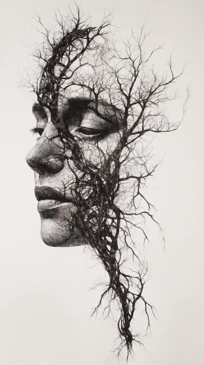 A portrait formed from branching decision trees and realistic facial anatomy