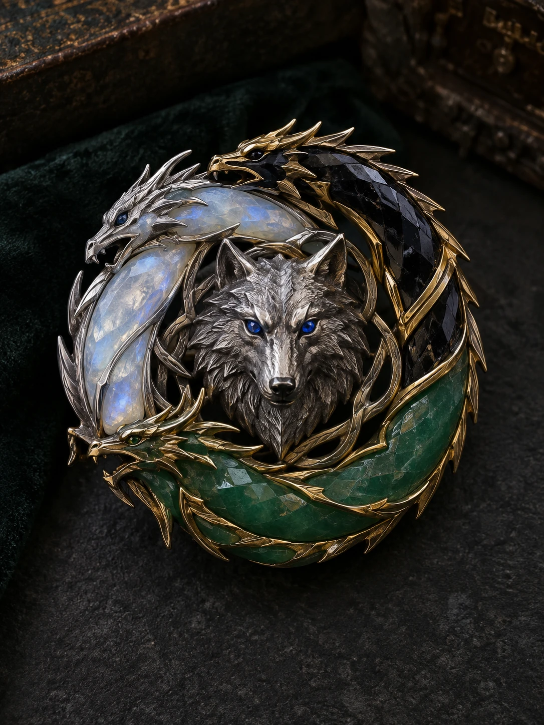 A heraldic brooch with three dragons encircling a sapphire eyed direwolf