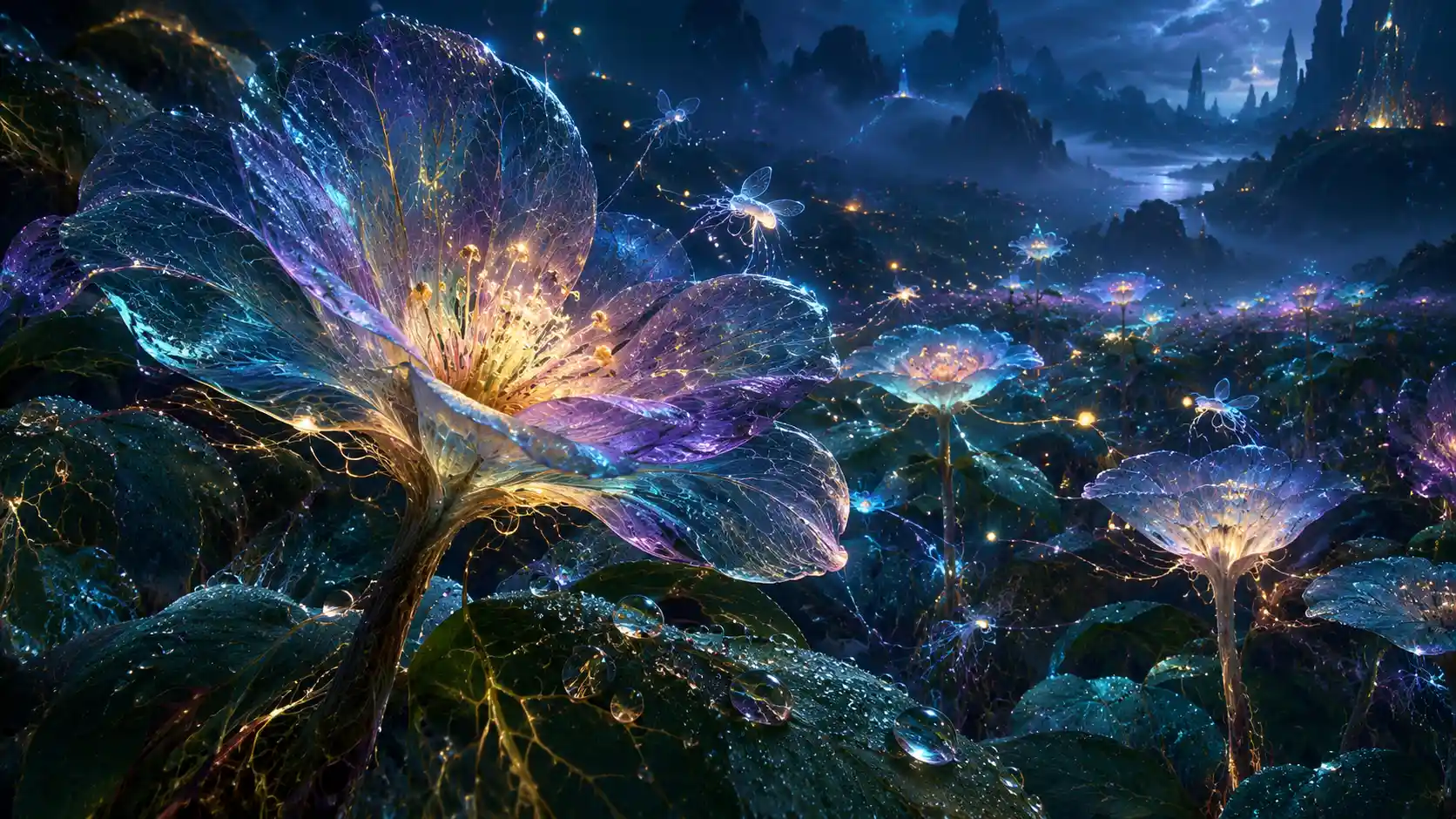 A Translucent Flower Meadow Glows Beneath a Veil of Blue Mist