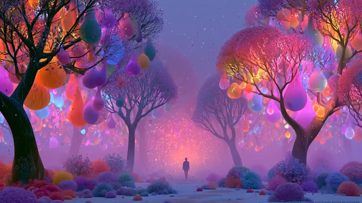 A dreamlike landscape of neon trees bearing bright, colorful fruit