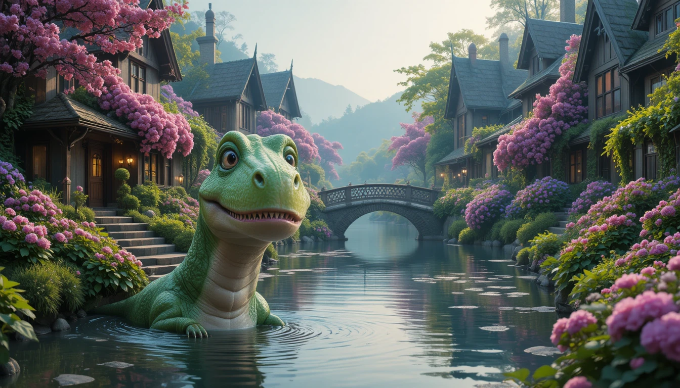 Un curioso dinosauro fa capolino dall'acqua di un canale tranquillo