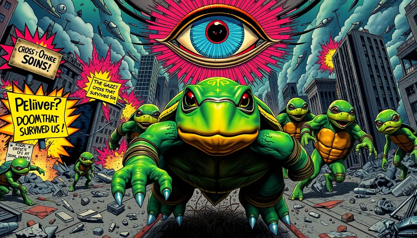 An armored Martian turtle charges through a collapsing Earth