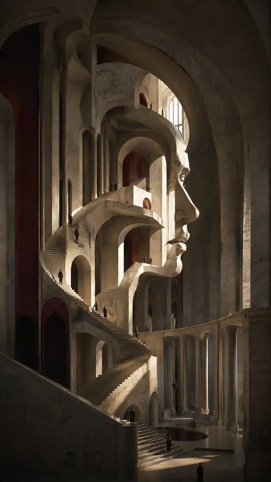 An impossible architectural interior forms a woman's profile through stone and shadow