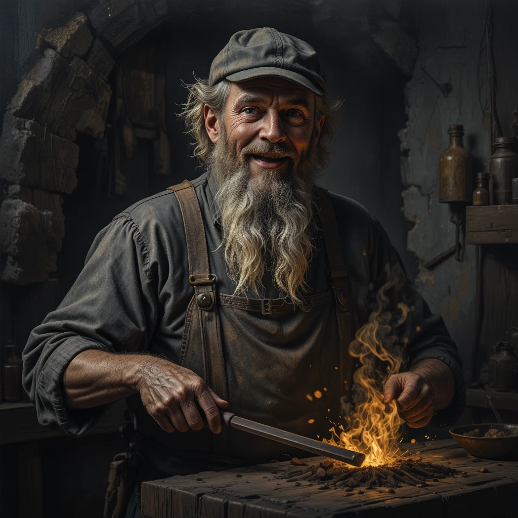 극적인 키아로스쿠로 속, 세월의 흔적이 깃든 대장장이와 대장간