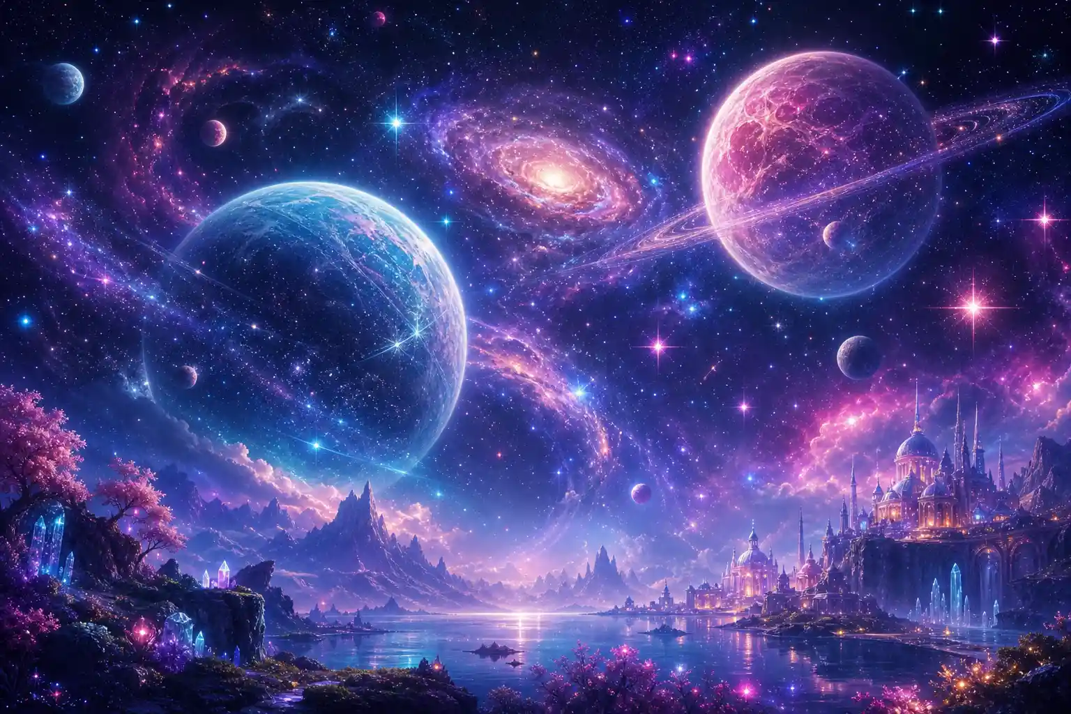 Luminous Planets And Stars Suspended In The Darkness Of Space