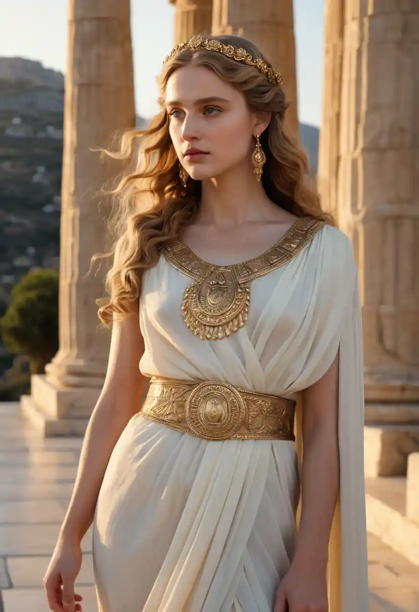 Helen of Troy in an ivory peplos at a Greek palace