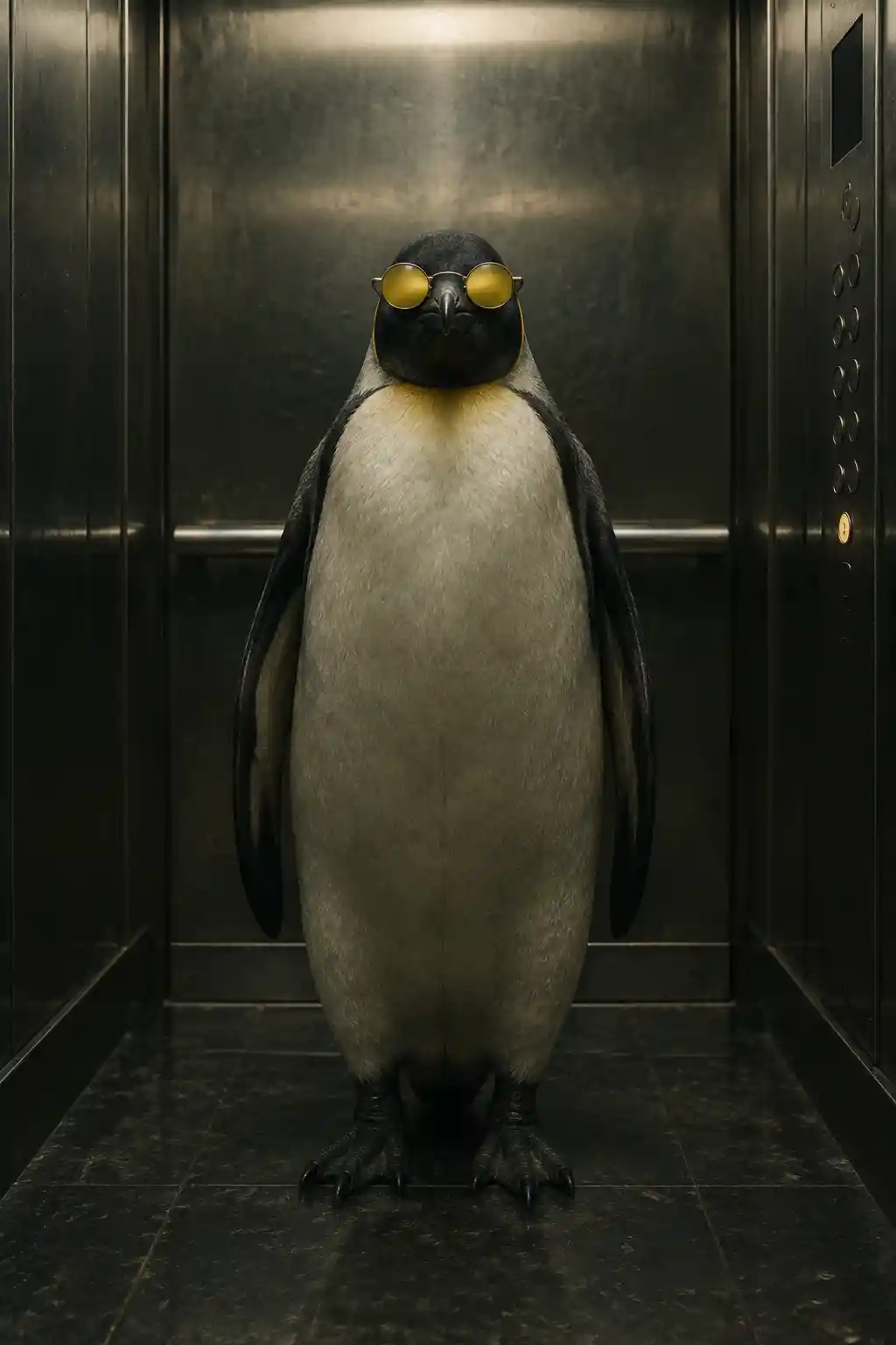 A full-body penguin faces the camera in an elevator wearing round yellow sunglasses