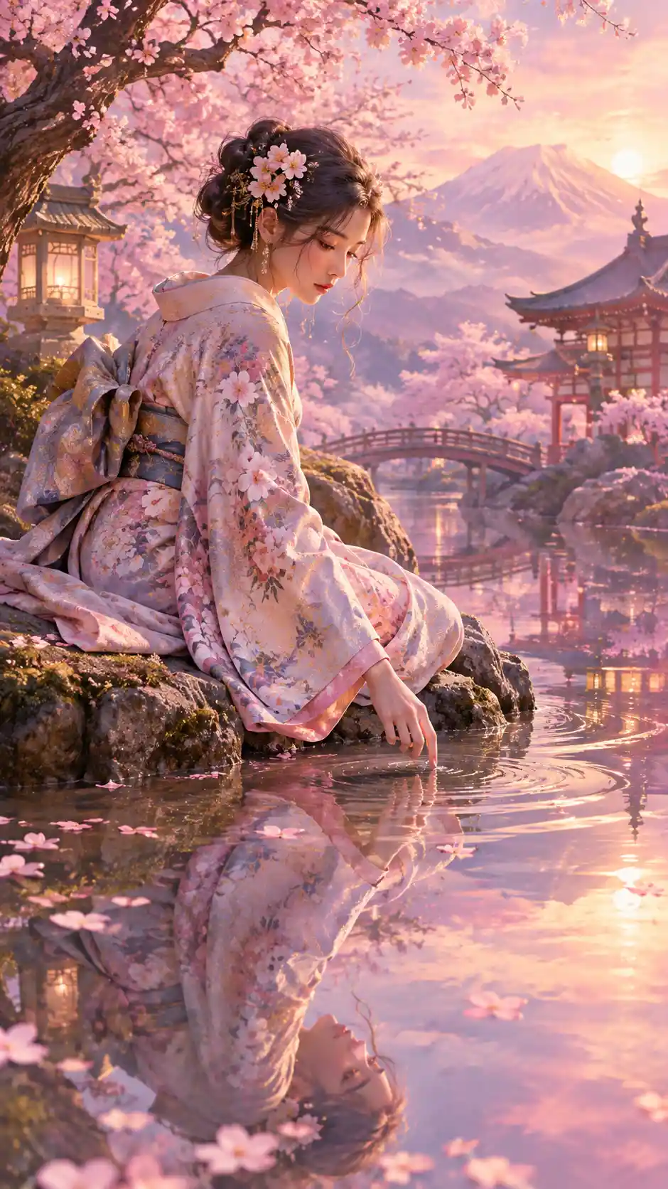 A kimono-clad figure in a soft pastel dreamscape