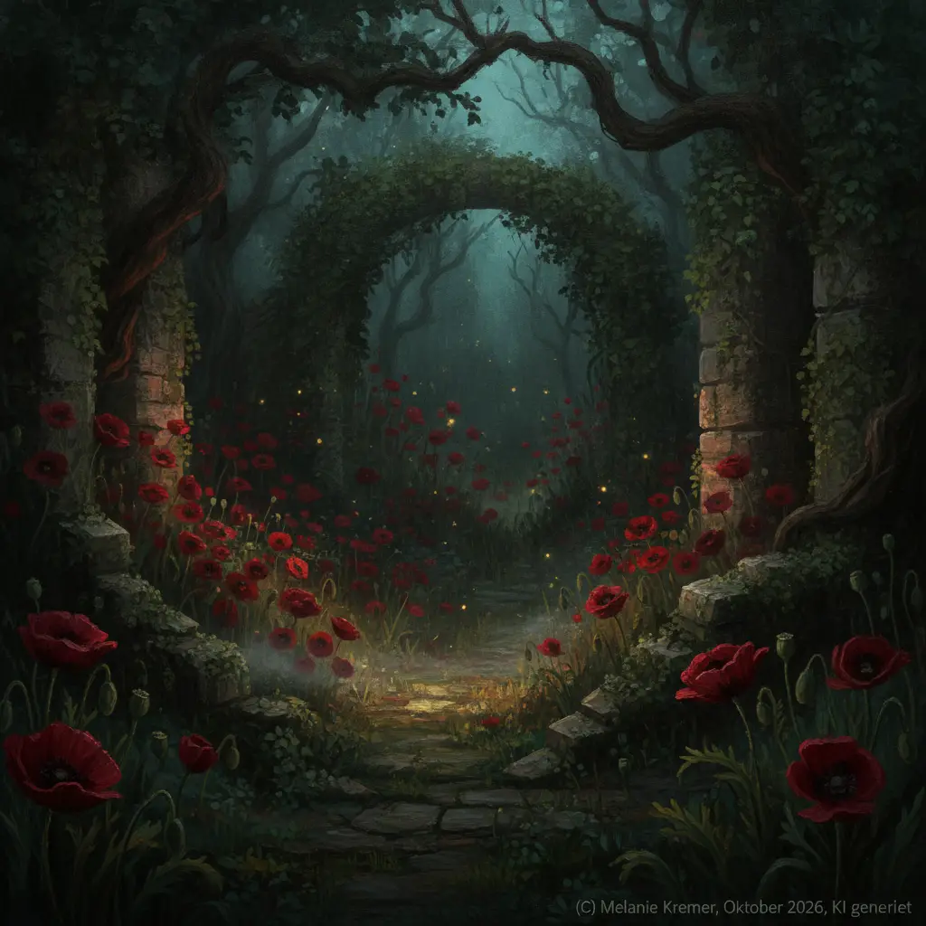 Un jardín victoriano cubierto de maleza, con amapolas oscuras entre antiguas ruinas de piedra