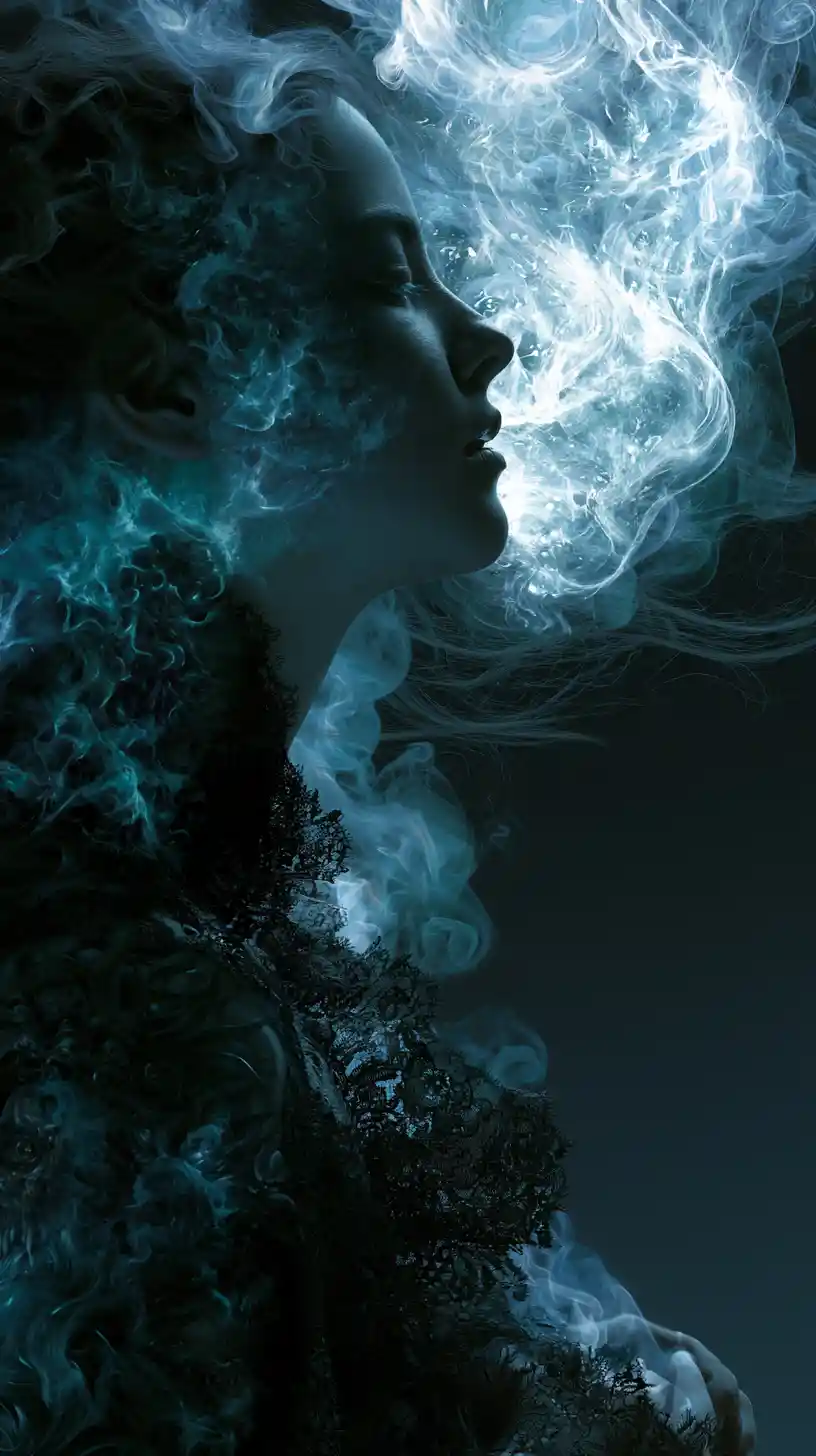 Illustrazione fantasy gotica dark, plasmata dal chiaroscuro e da vortici di fumo magico