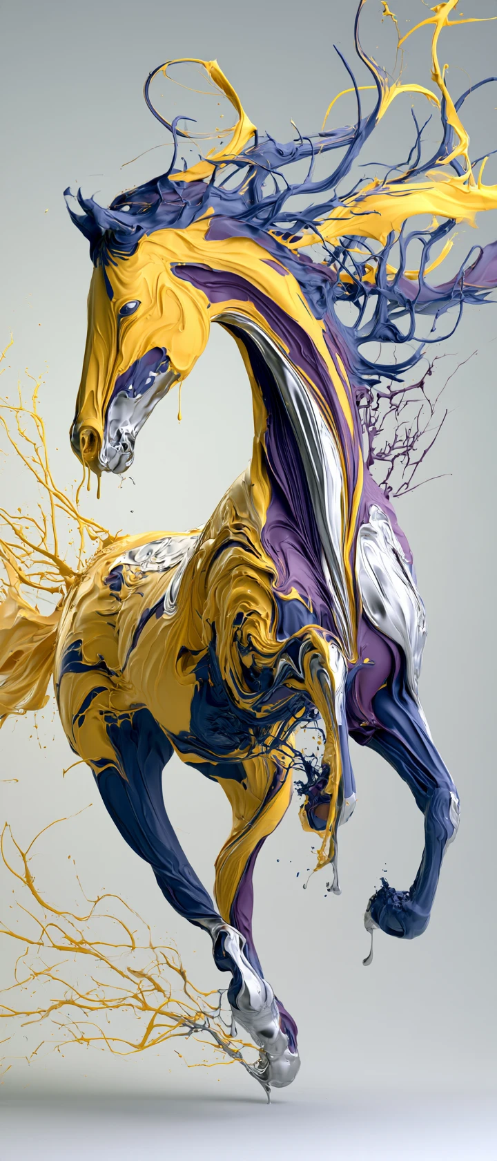 Ein galoppierendes Pferd, geformt aus fließender Farbe und Chrom