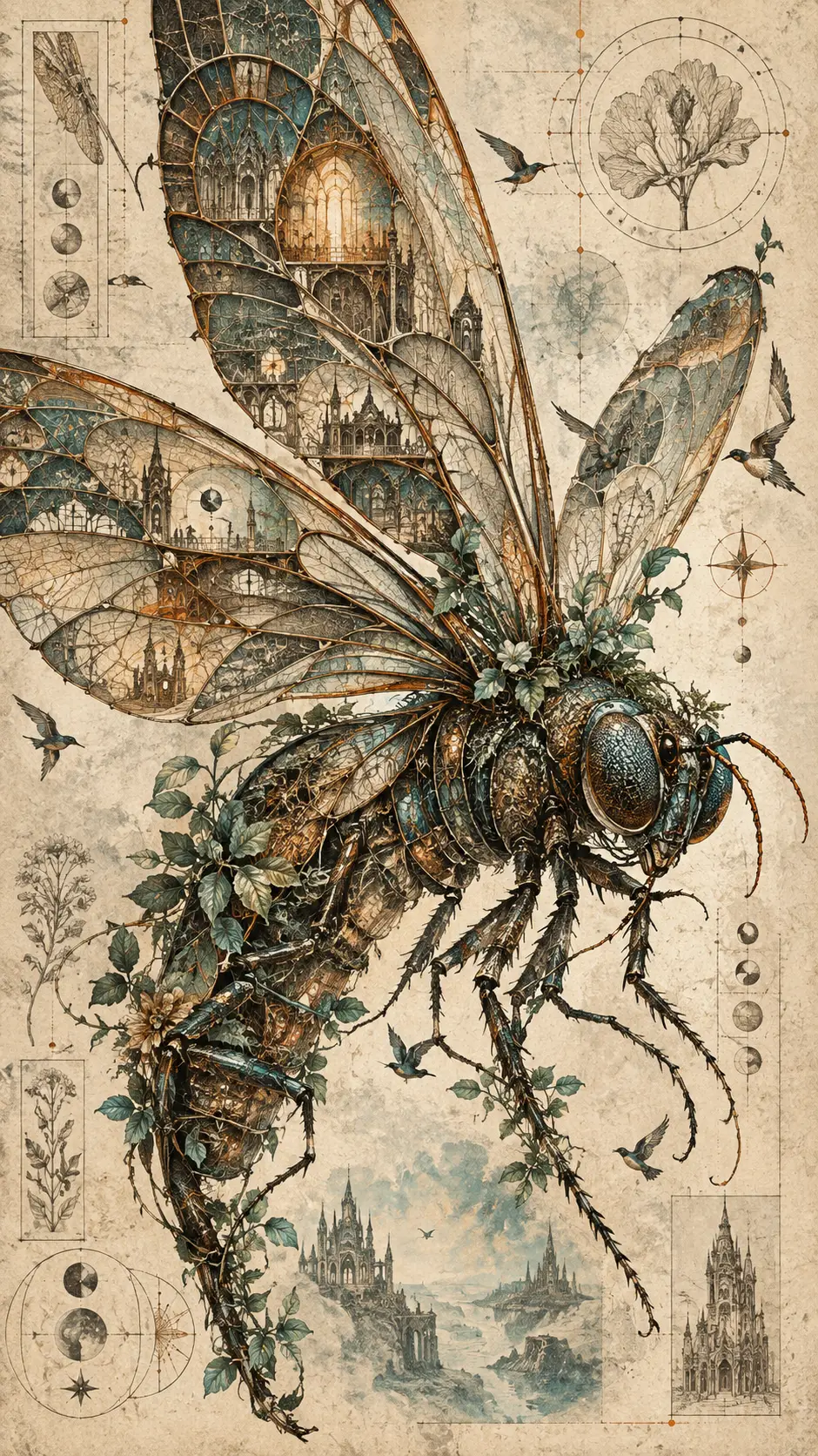 Un insecto enorme con alas arquitectónicas y pequeños pájaros en vuelo