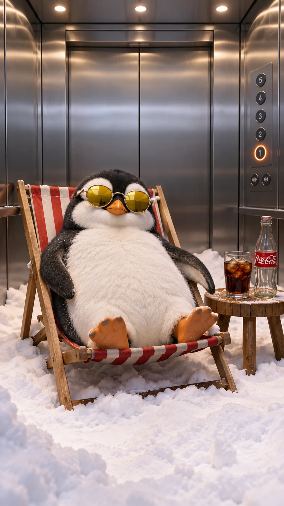A penguin in an elevator wearing round yellow sunglasses