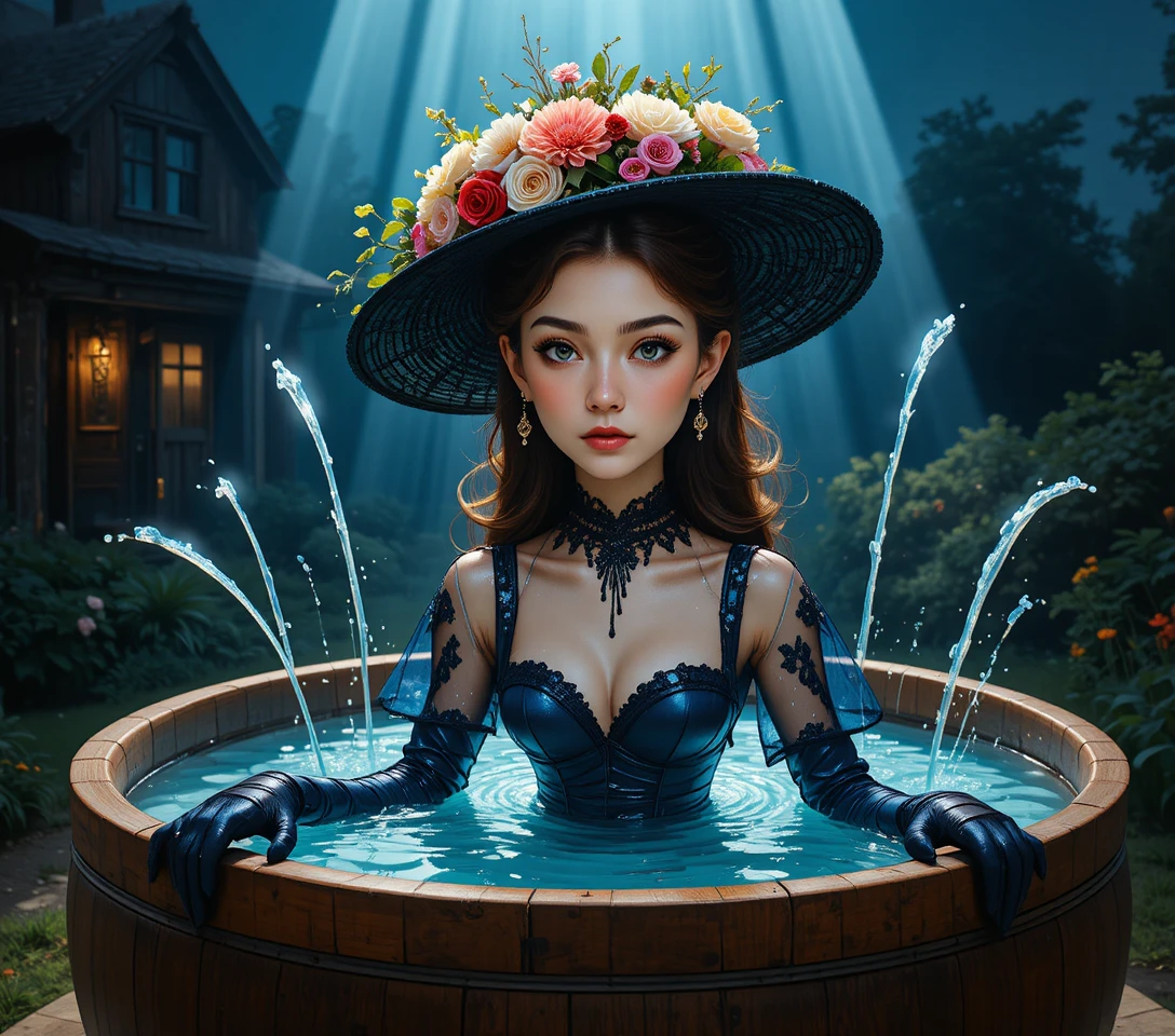 Mujer elegante con sombrero negro adornado con flores y vestido de encaje