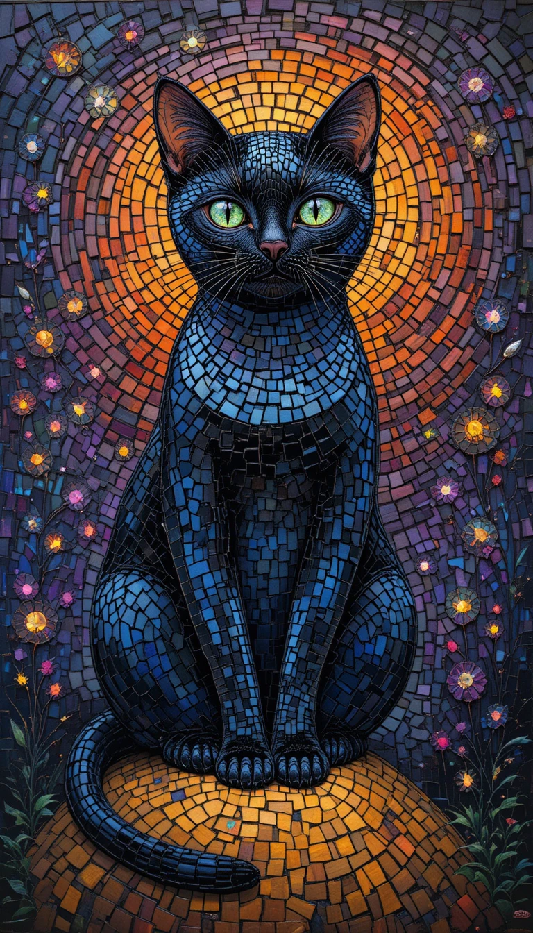 A mischievous black cat sits atop a pile of glowing pumpkins