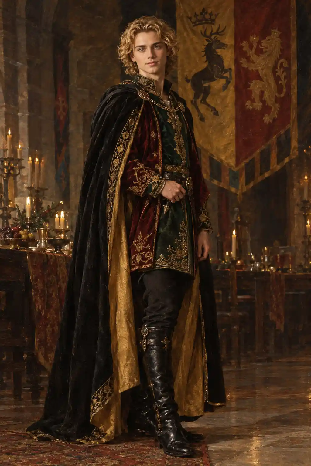 A full-length Renaissance portrait of a young man in velvet