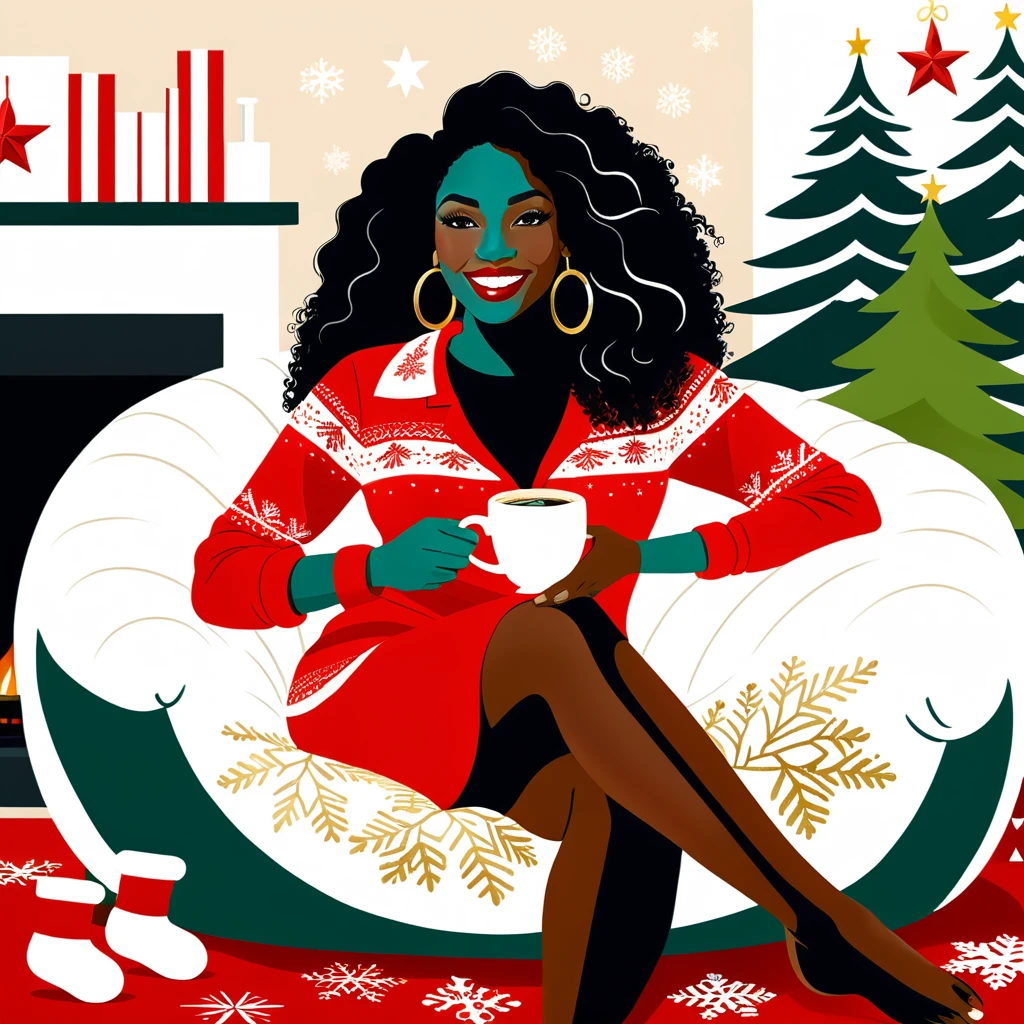 Une femme noire se détend avec un café en pyjama de Noël festif à motifs de rennes