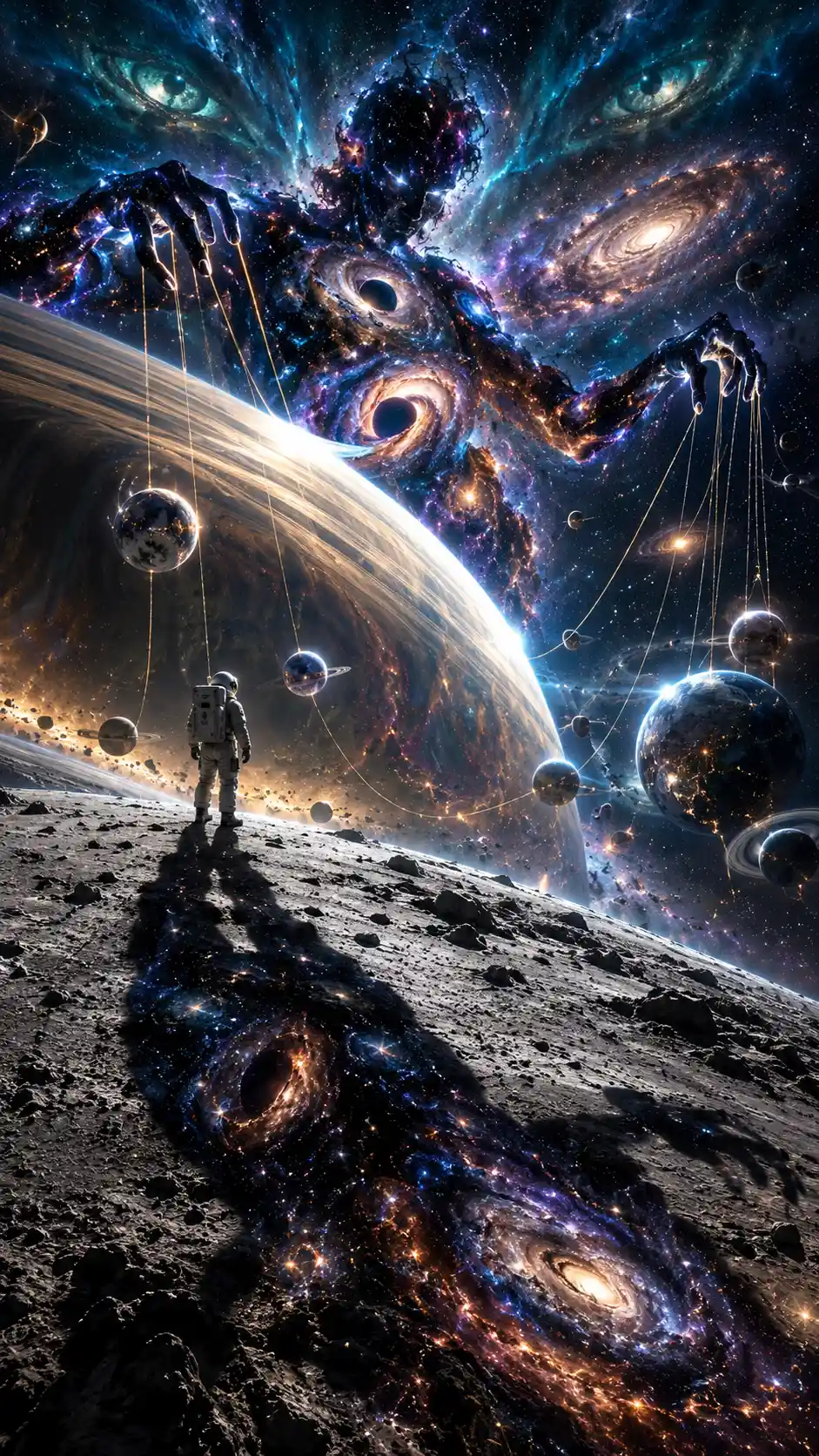 A lone astronaut surveys a shattered moon beneath a ringed planet