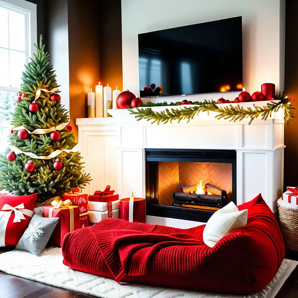 A cozy holiday living room with a glowing fireplace