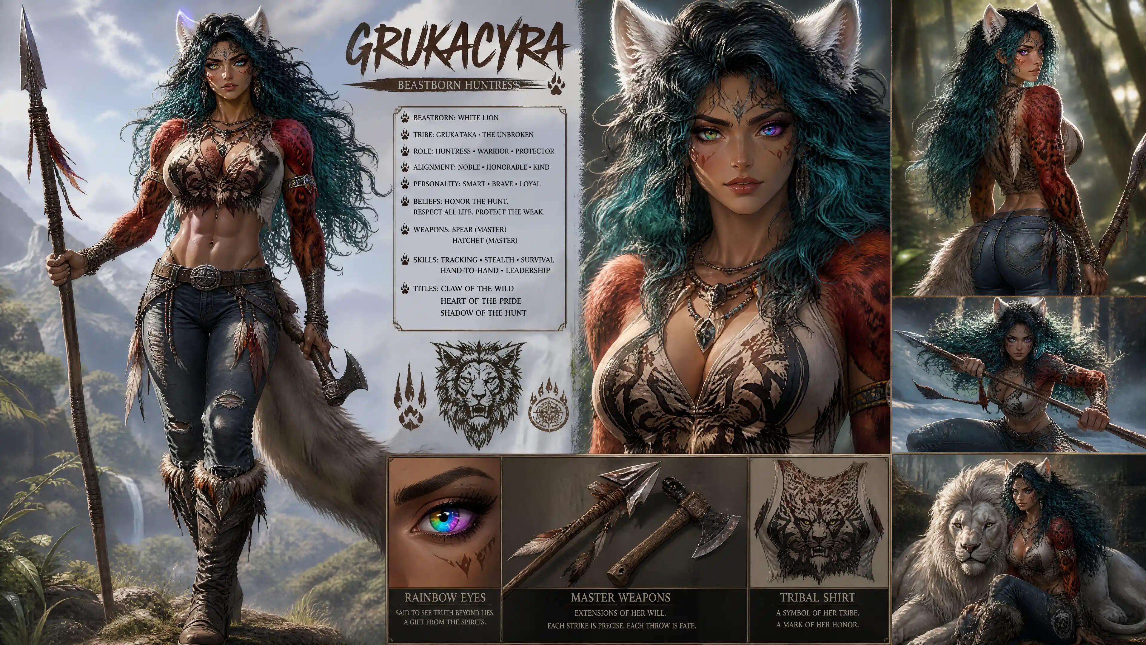 A tribal beastborn huntress with lion ears, teal curls, and a wolf tail