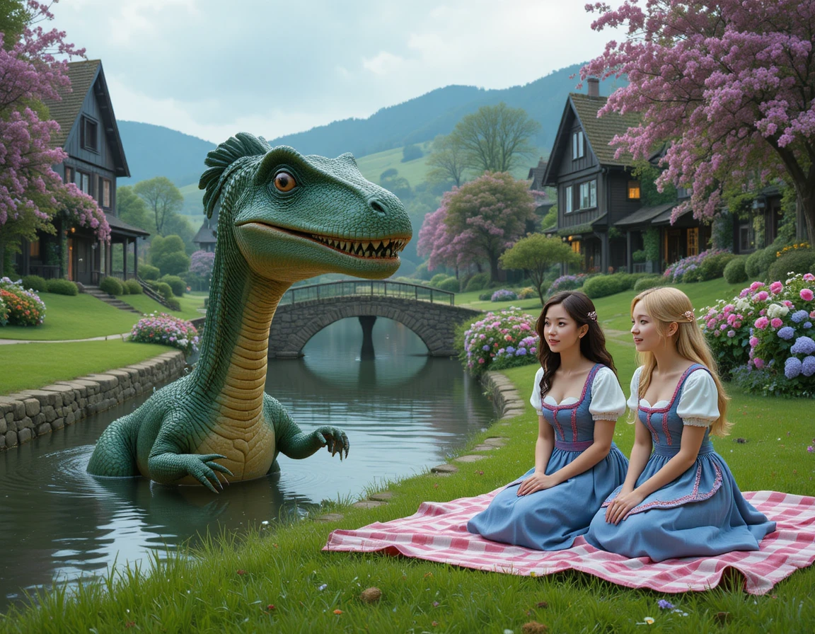 A Green Dinosaur Peeks From a Flower-Lined Canal in a Storybook Village