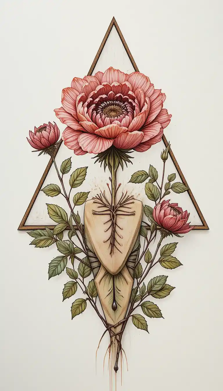 Hand drawn peony illustration framed by a minimal geometric triangle