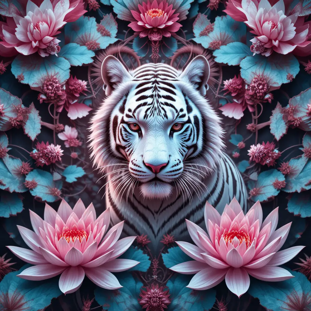 Un tigre blanco rodeado de flores de loto en patrones fractales