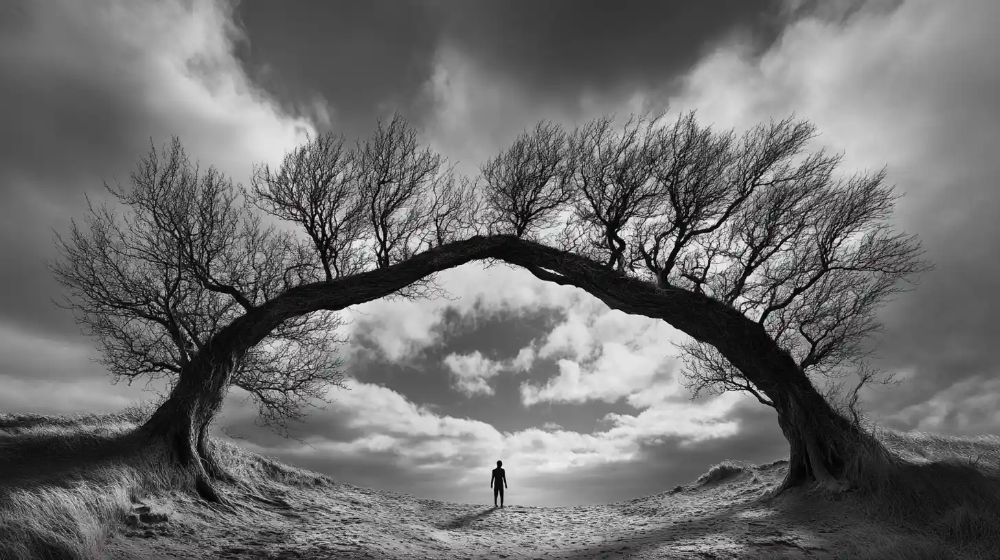 Alberi inclinati formano un arco sopra una figura solitaria