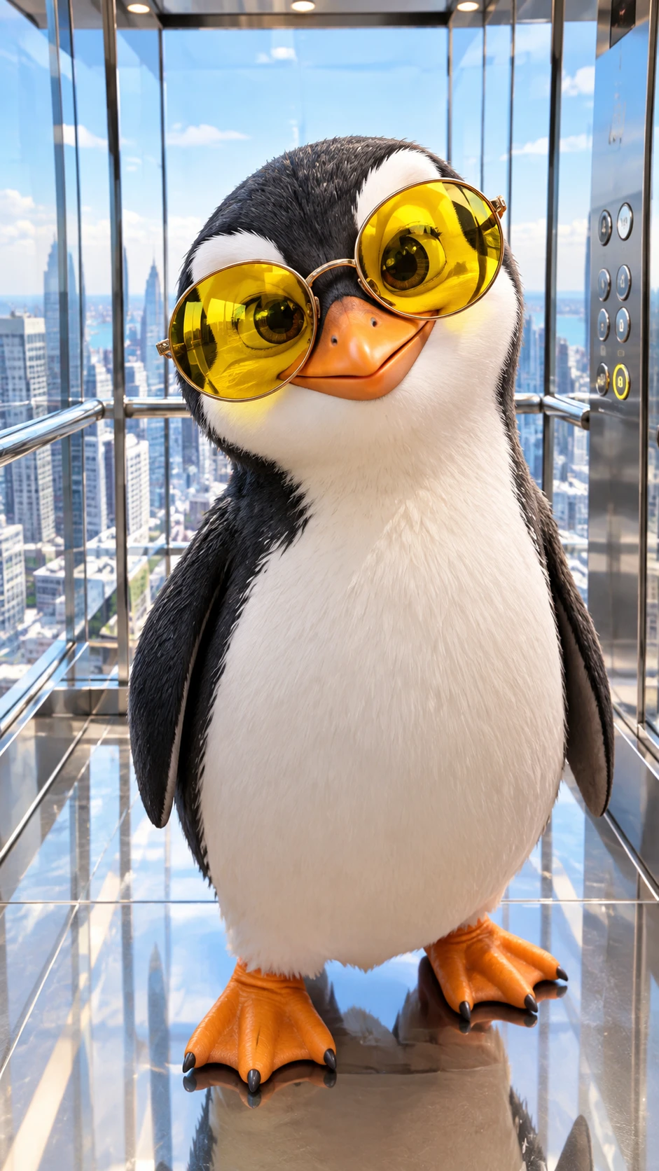 A penguin wearing round sunglasses stands inside a modern glass elevator