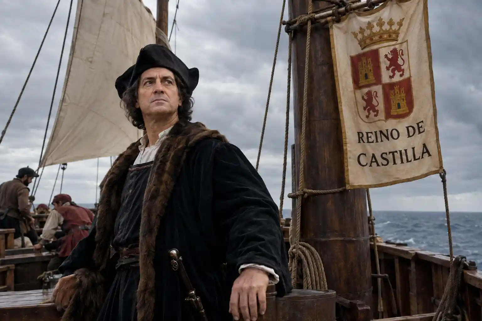Christopher Columbus aboard his ship beneath a cloudy sky