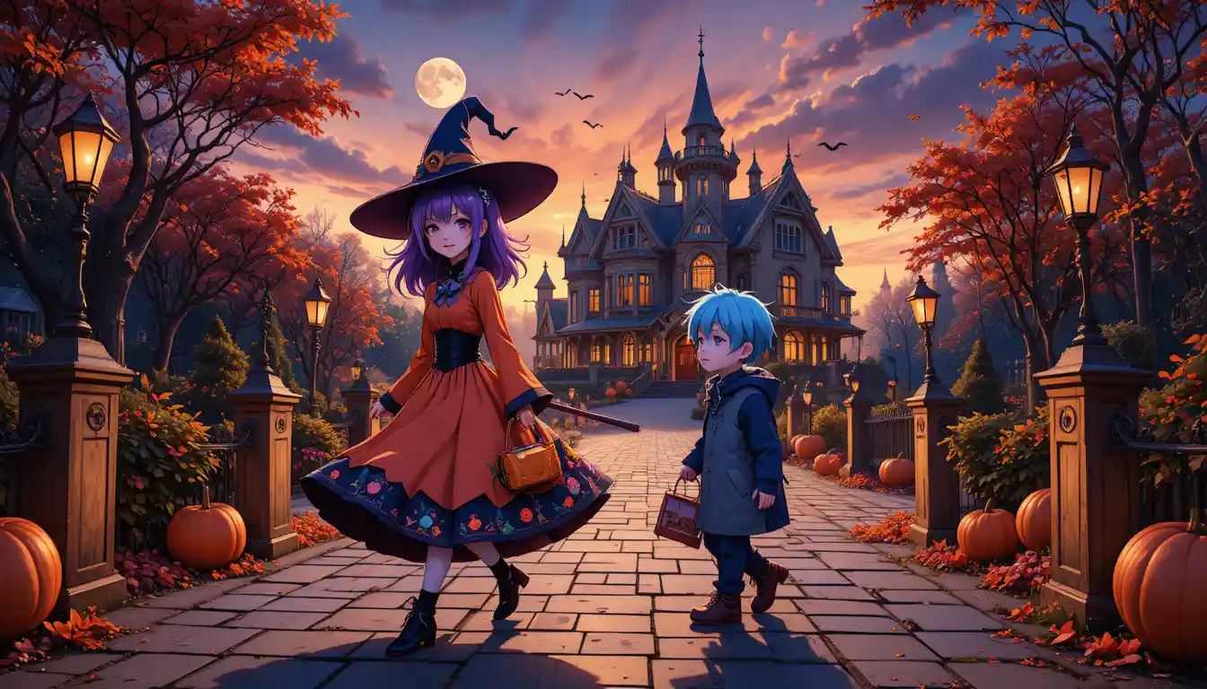 Two cheerful children walk toward a Halloween house beneath a twilight sky