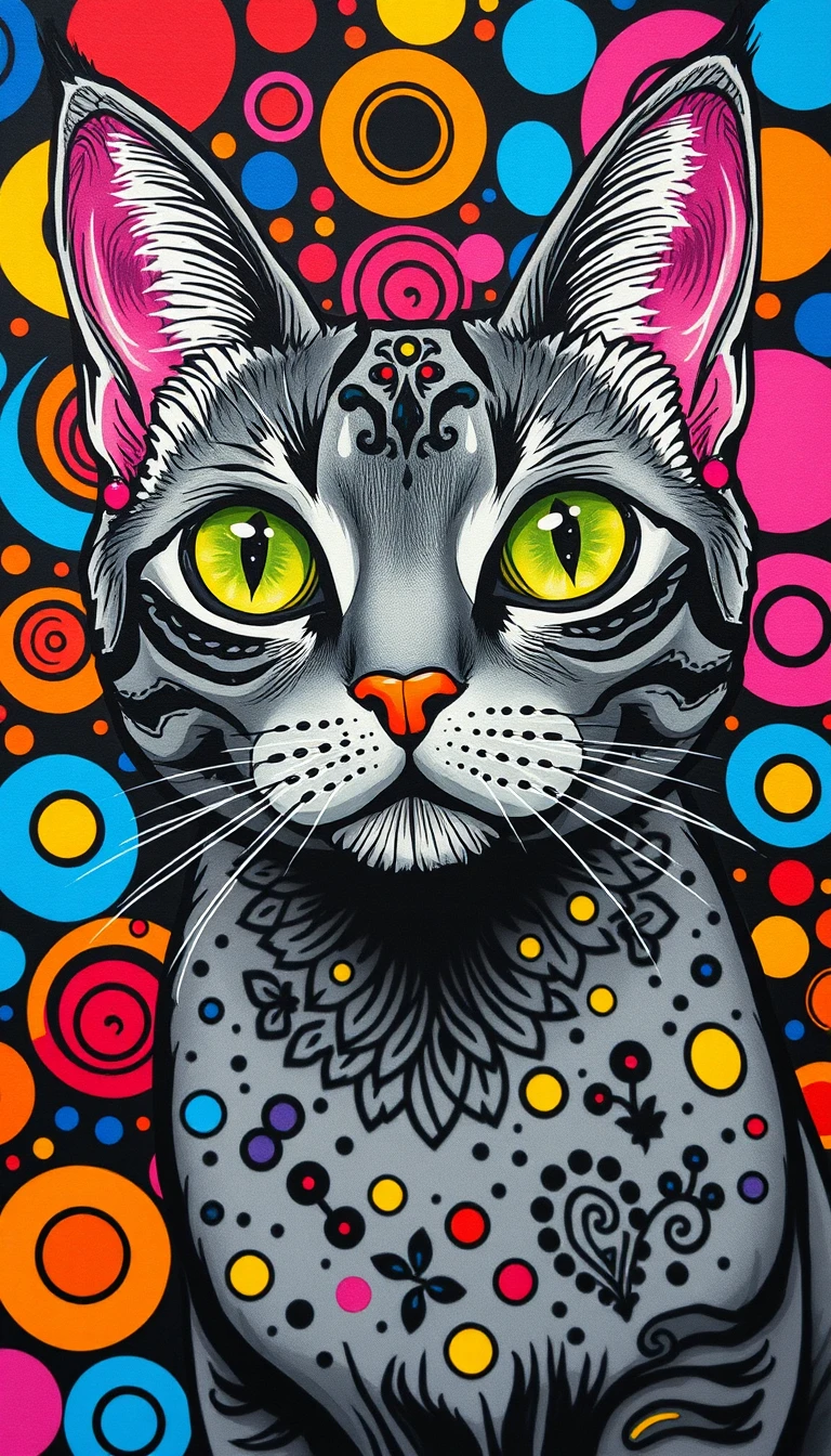 Ein psychedelisches Pop-Art-Katzenporträt mit leuchtend grünen Augen
