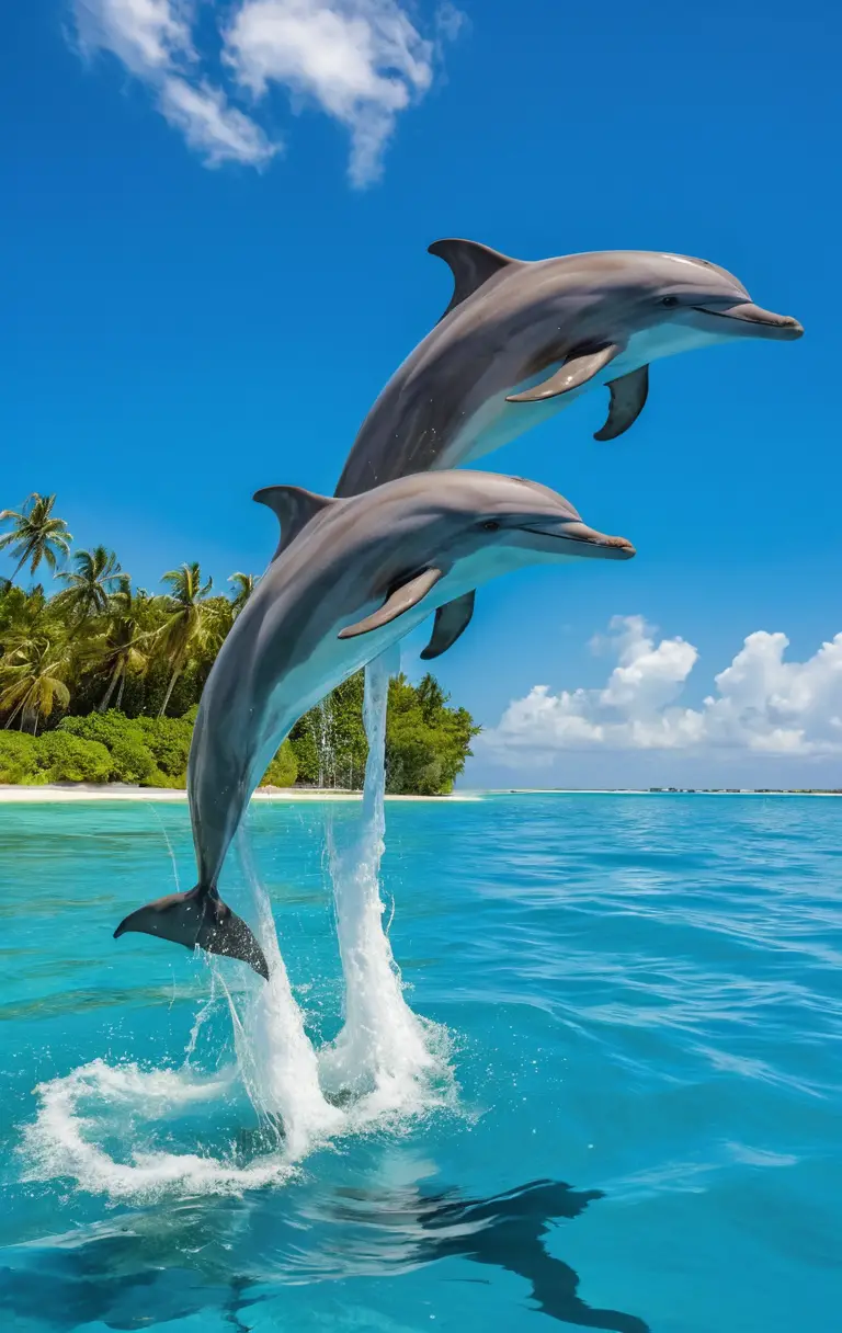 Dois golfinhos saltam das águas de uma lagoa tropical sob um céu azul e radiante