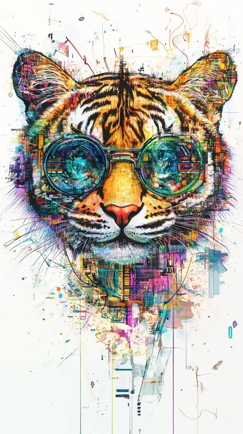 Un tigre cobra forma con amplios trazos de tinta y glifos coloridos
