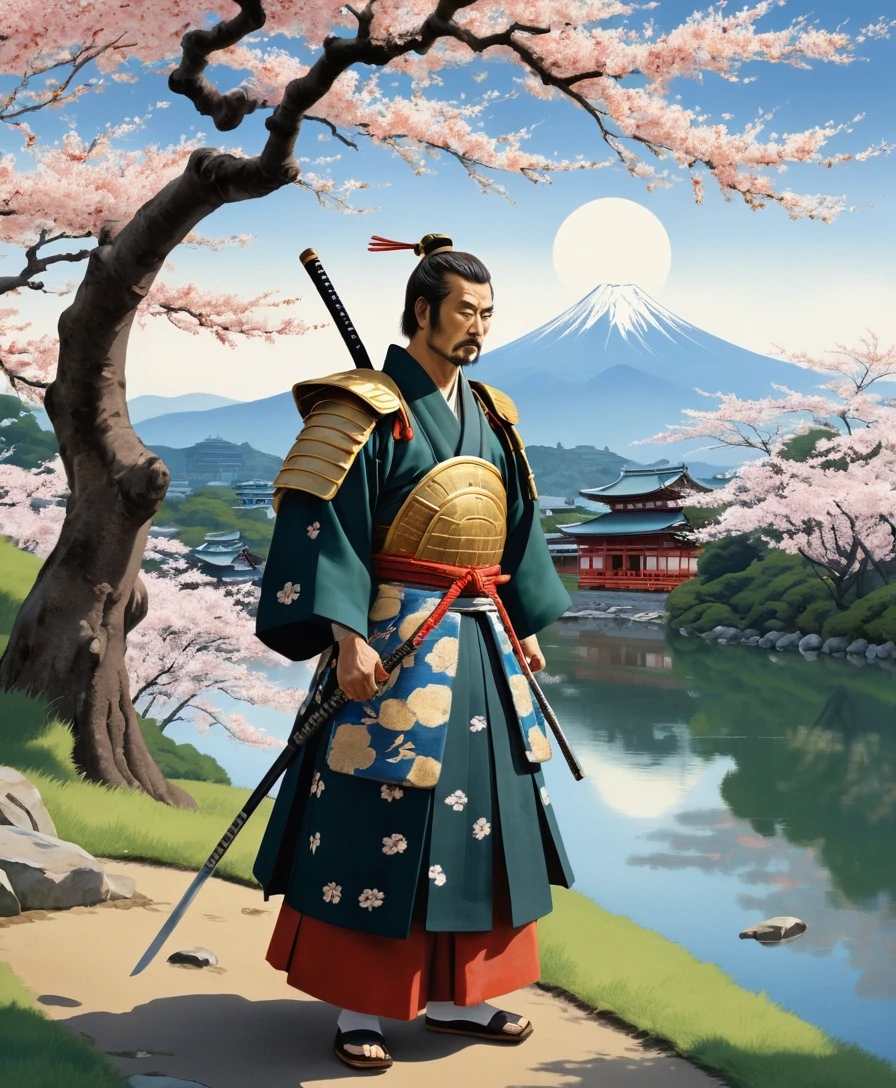 A samurai beneath flowering cherry blossoms in a Japanese landscape