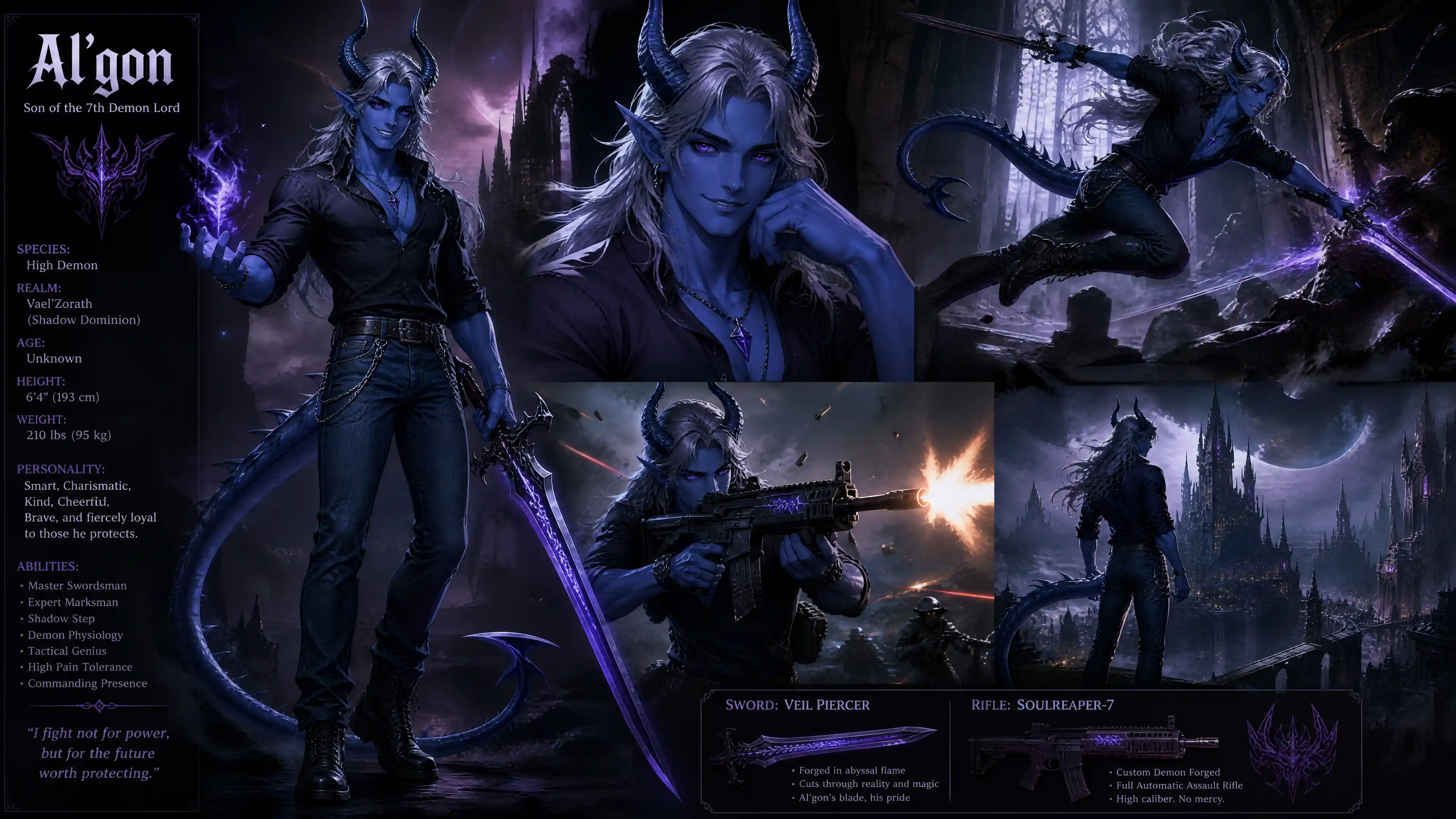 A blue demon with curved horns, gray hair, and a spiked tail