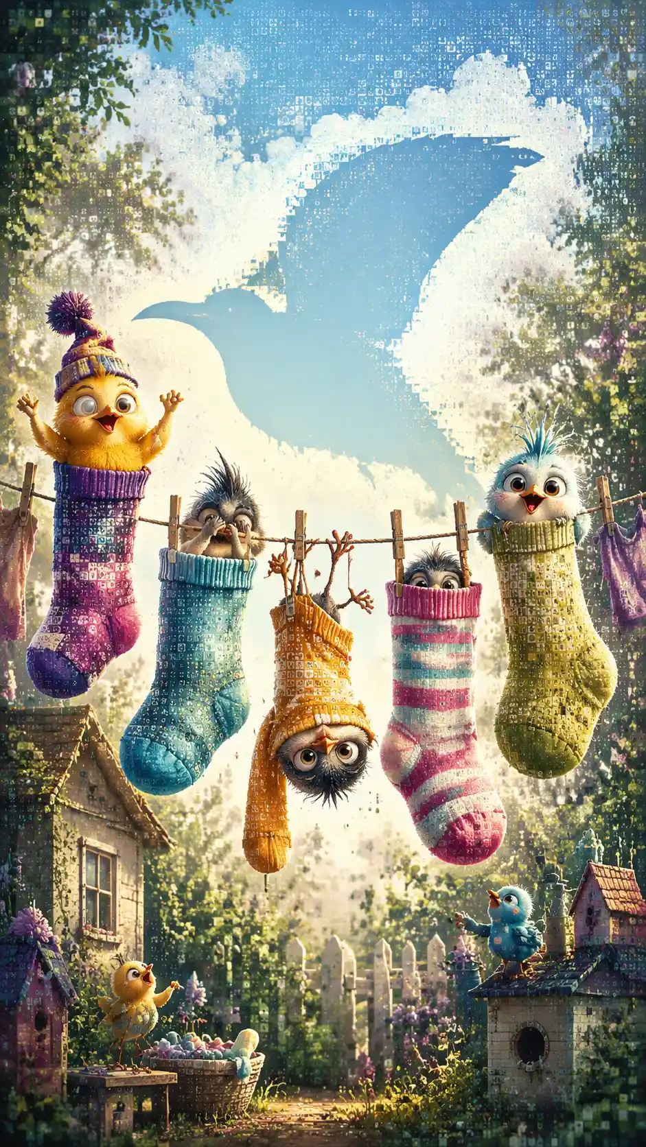 Baby birds show off oversized socks along a sunny garden clothesline